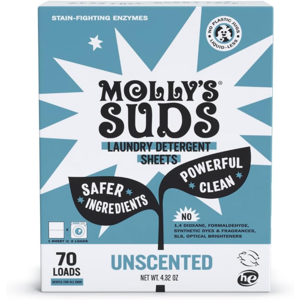 Box of Molly's Suds laundry detergent sheets with safer ingredients - unscented laundry sheets for a natural powerful clean