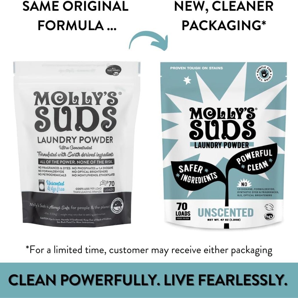 New cleaner packaging for Molly’s Suds Original Laundry Detergent Powder