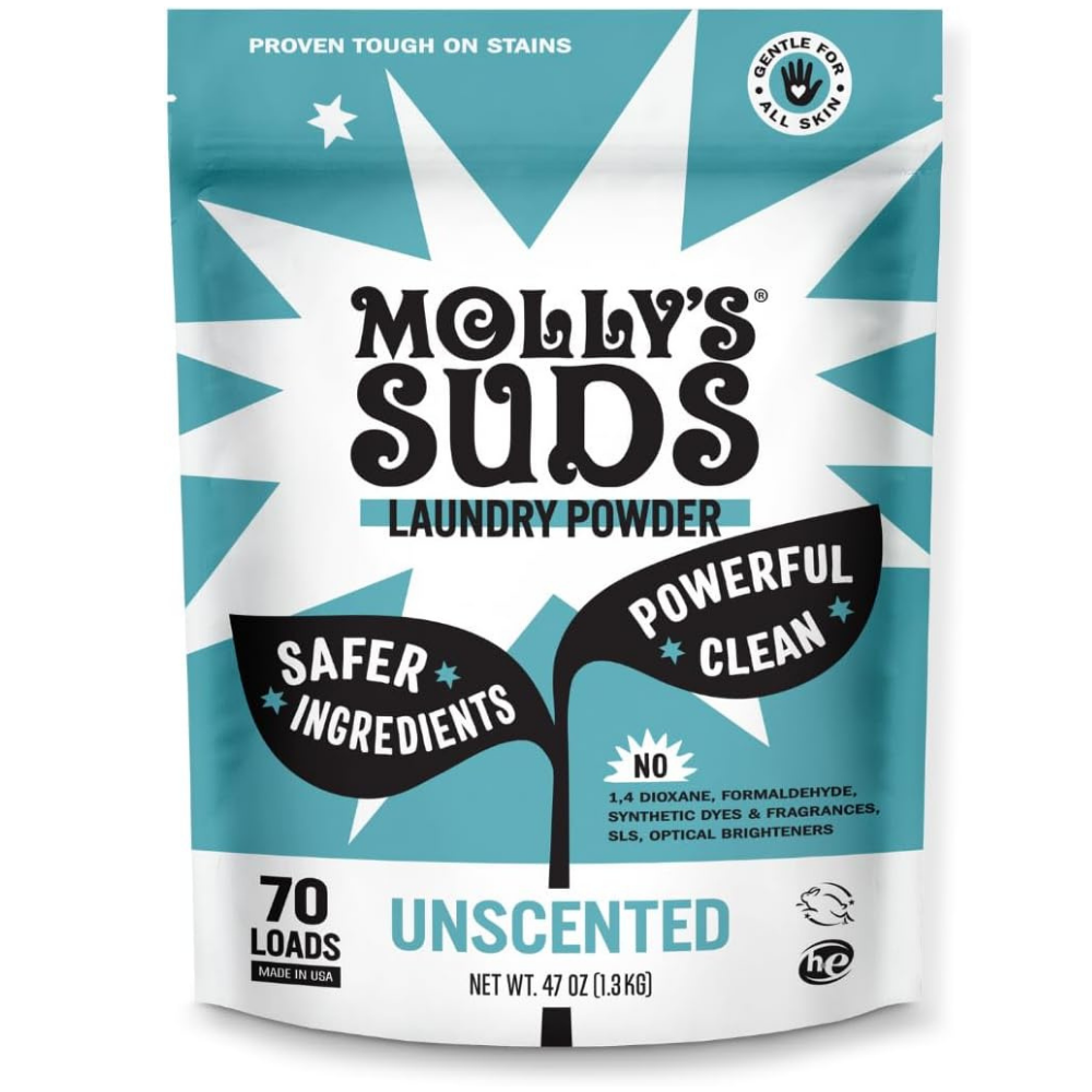 Molly's Suds laundry powder package with safer ingredients for powerful clean.