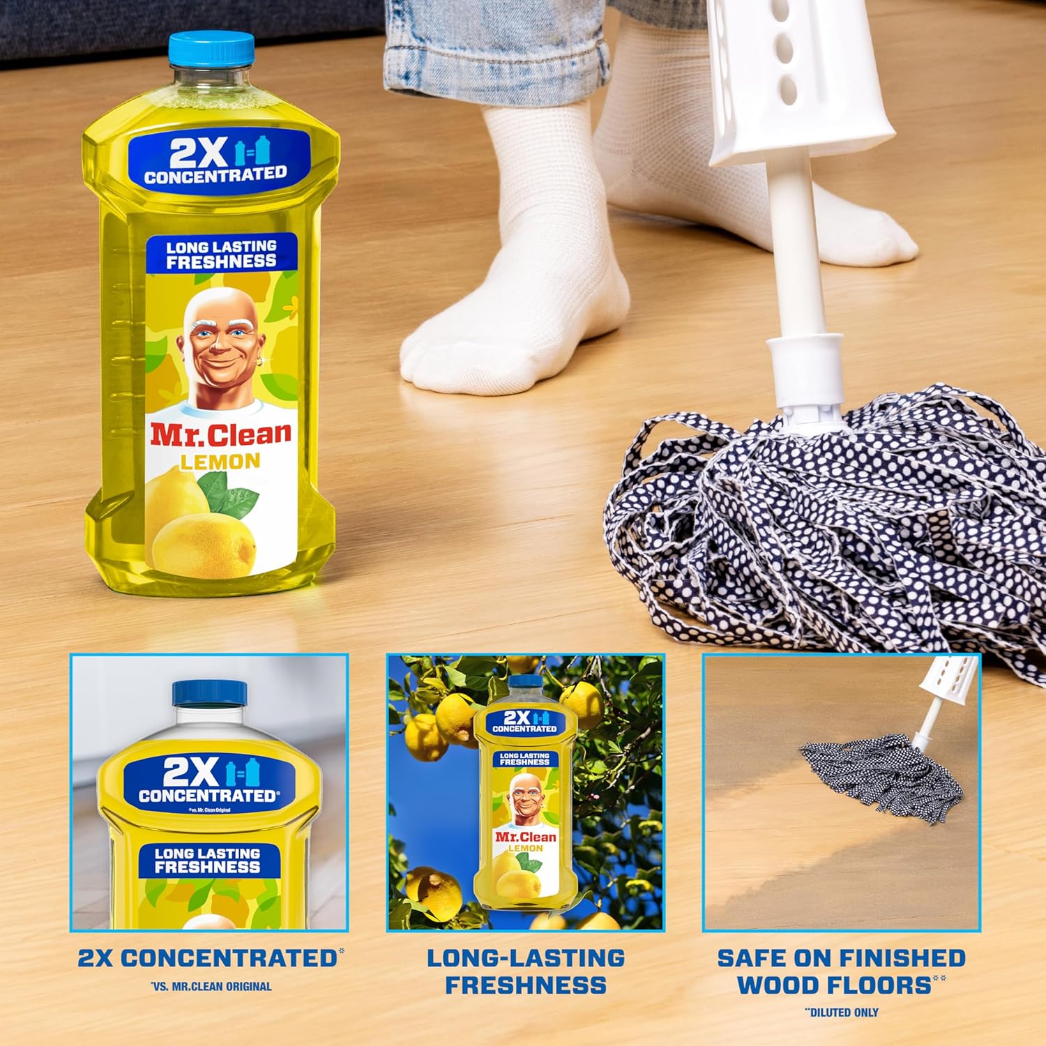 Mr. C;eam 2x concentrated multi surface cleaner fr long lasting freshness at home - safe on wood floors.