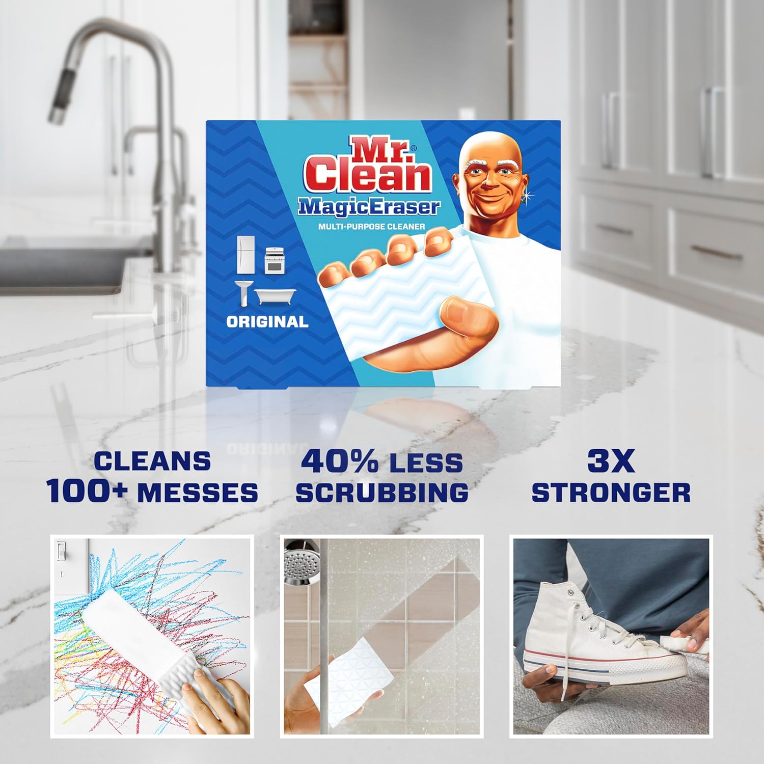 Mr Clean magic eraser is a multi-purpose cleaner which cleans 100+ messes with 40% less scrubbing and 3x stronger Durafoam power