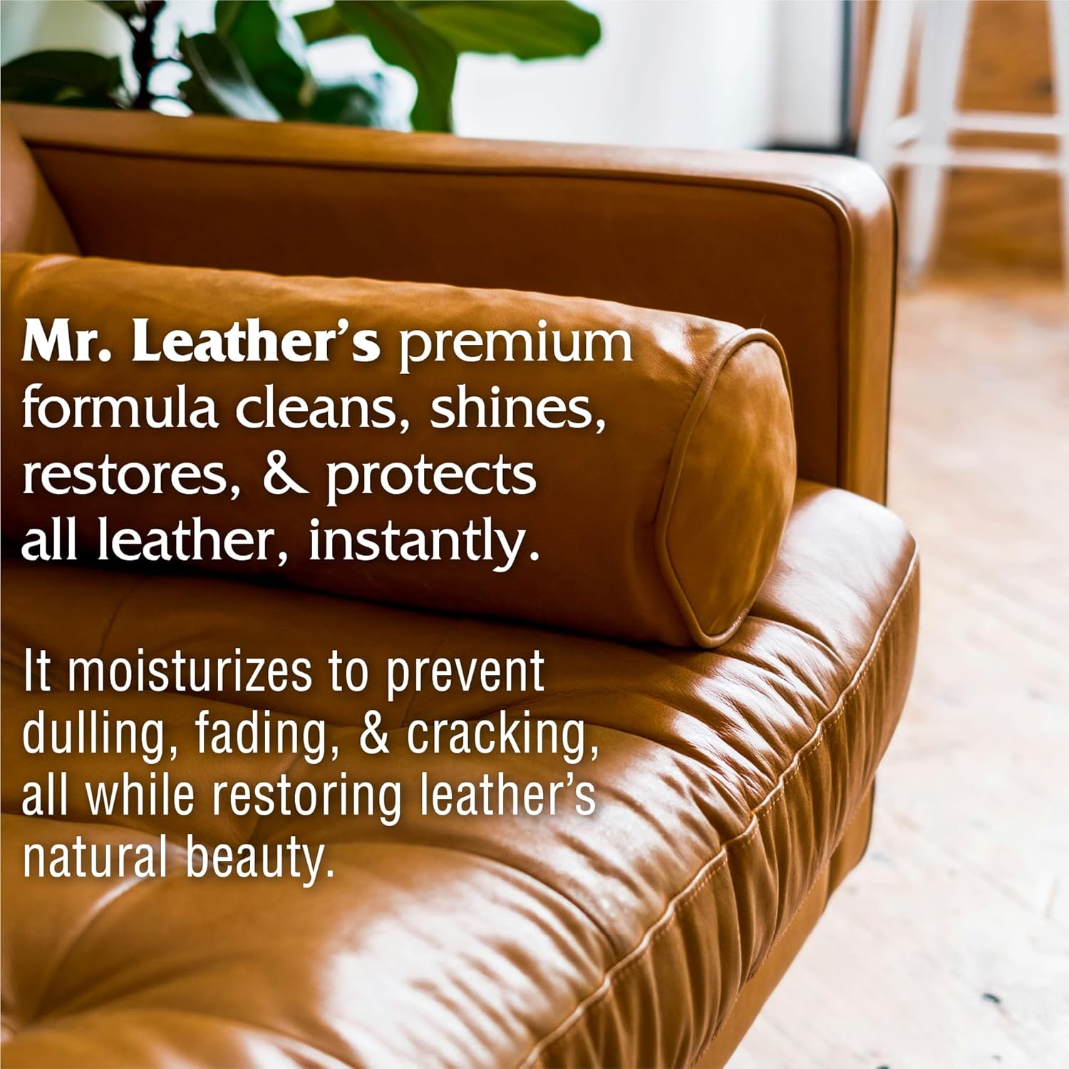Mr leather cleaner and conditioner premium formula cleans, shines, restores and protects all leather instantly.