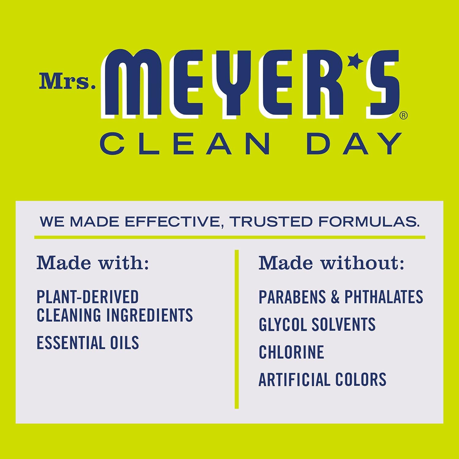 Mrs Meyers Clean Day multi surface cleaner is made with effective trusted formula.