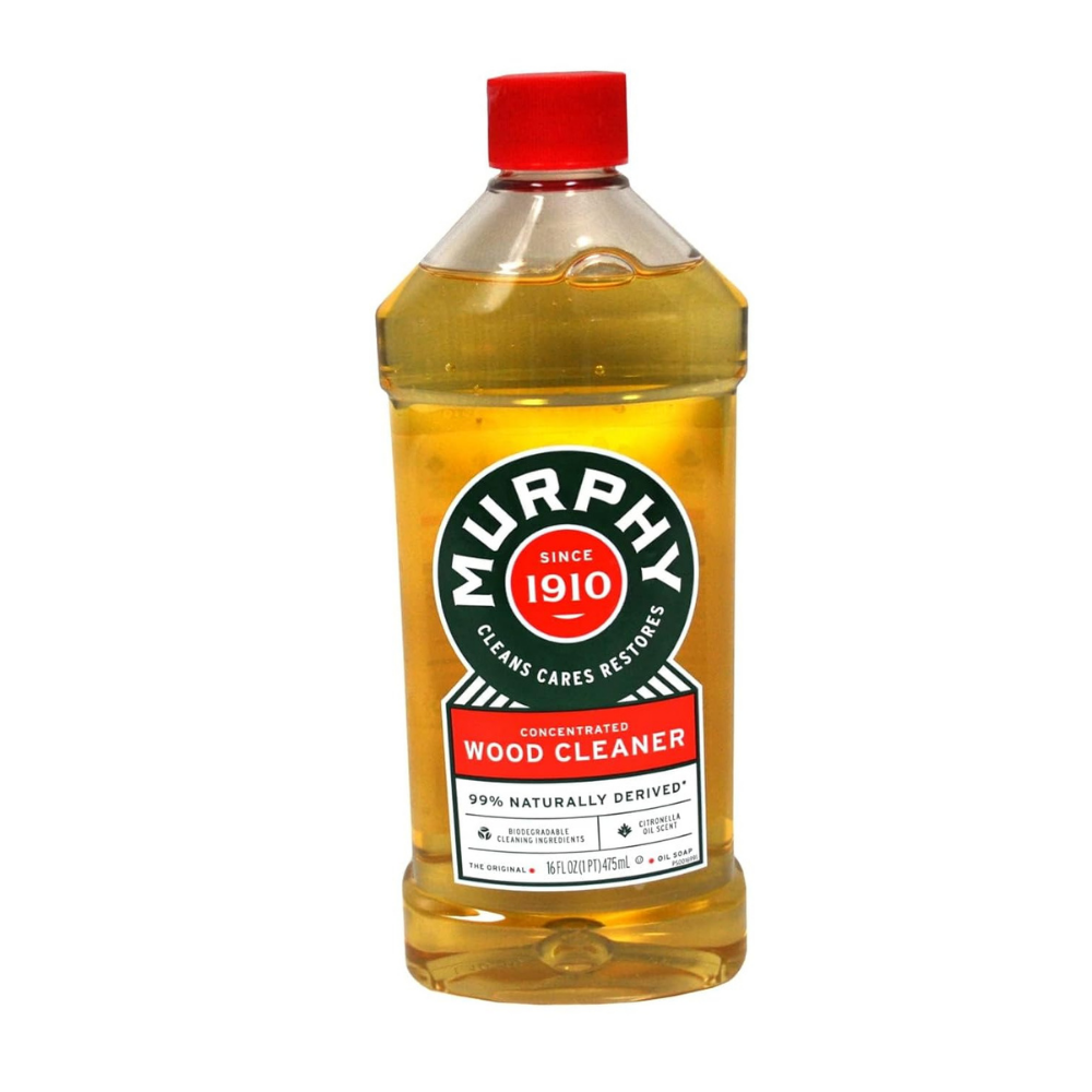 Murphy oil soap concentrated wood cleaner, cleans, cares and restores furniture.