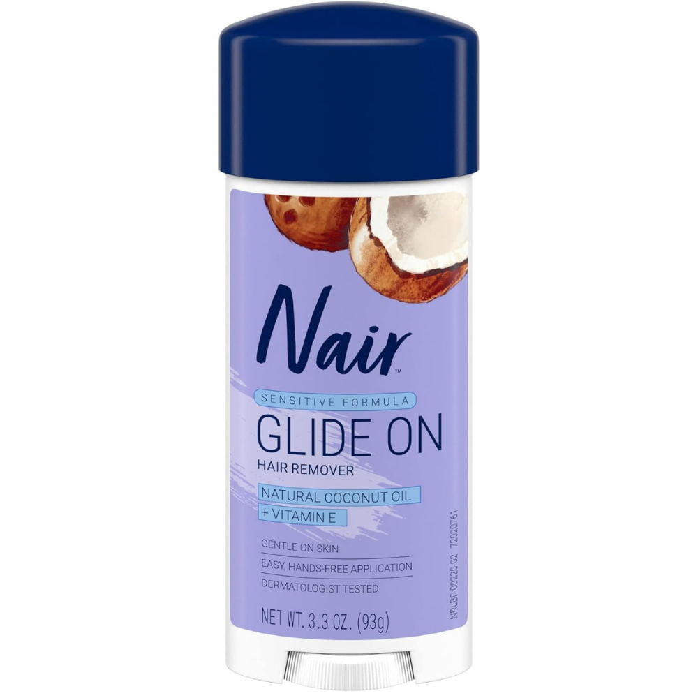 Nair glide on hair remover for sensitive skin with natural. coconut oil + vitamin E, gentle on skin with easy, hands free application.