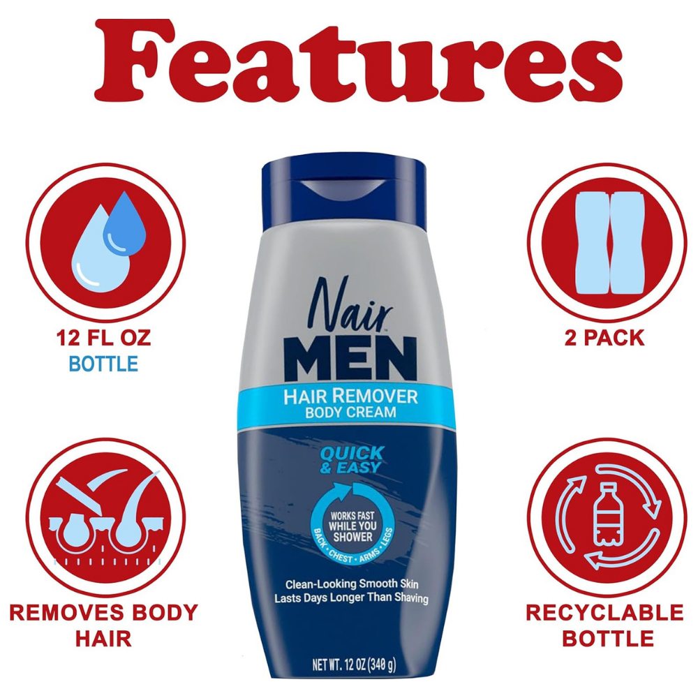 Nair men hair remover body cream, 2 pack bottles to remove body hair - 12 oz.