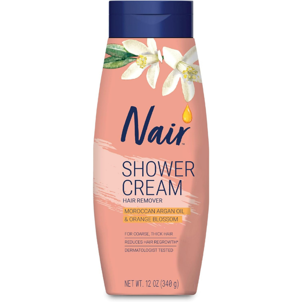 Nair shower cream hair remover with moroccan argan oil & orange blossom for coarse thick hair.