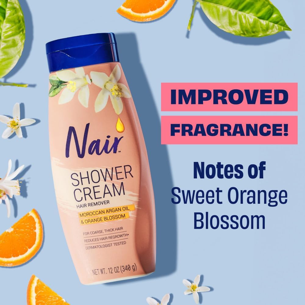 Nair shower cream hair remover with improved fragrances and notes of sweet orange blossoms.