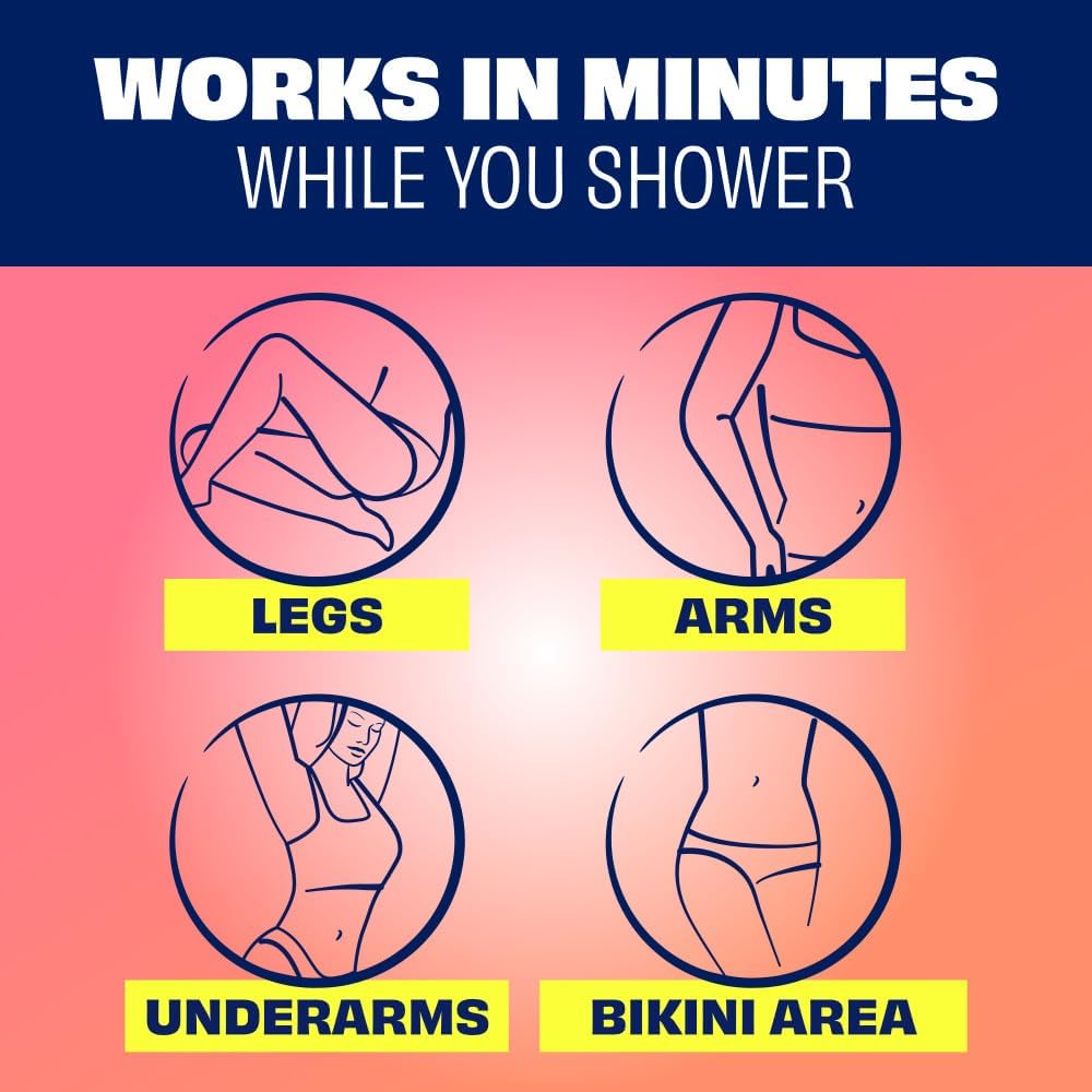 Nair shower cream hair remover, works in minutes on arms, legs, underarms and bikini area.