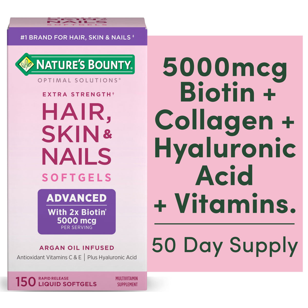 Nature's Bounty Optimal Solutions Advanced Hair, Skin and Nail Biotin & Vitamins A, C, & E | 150 Softgels