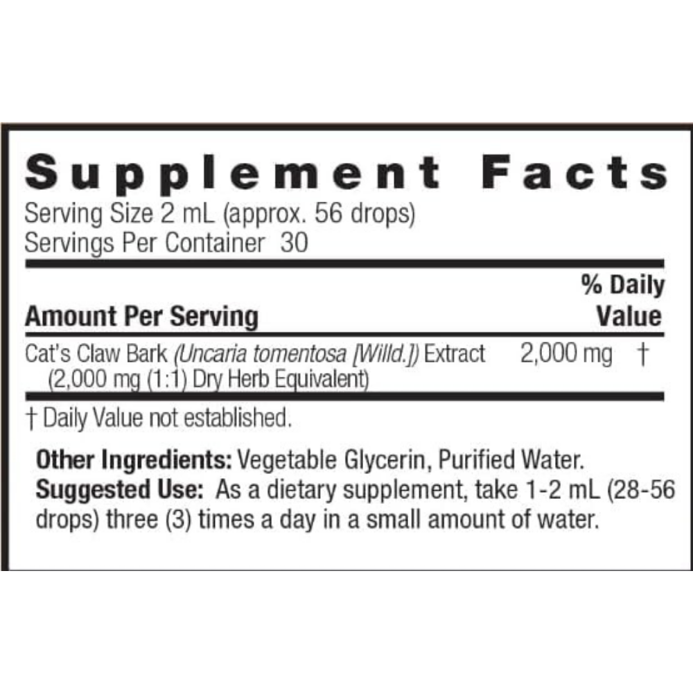 Natures answer cats claw bark extract supplement facts and suggested use.