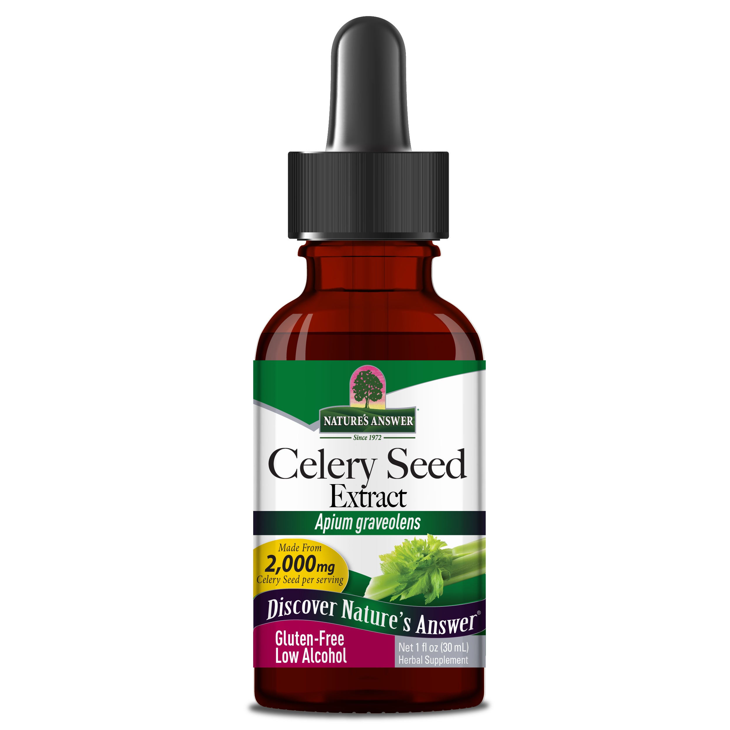 Bottle of Natures Answer celery seed extract - gluten free and low alcohol with dropper on the bottle