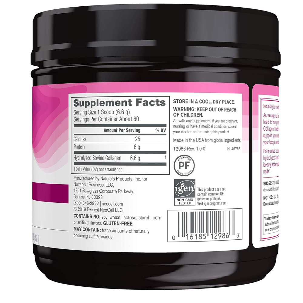Back of a container of Neocell Super Collagen Powder - Unflavored, 7 Oz