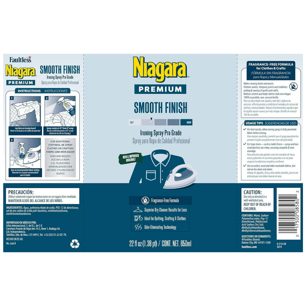 Info for Niagra premium smooth finish ironing spray with instructions, directions and precautions.