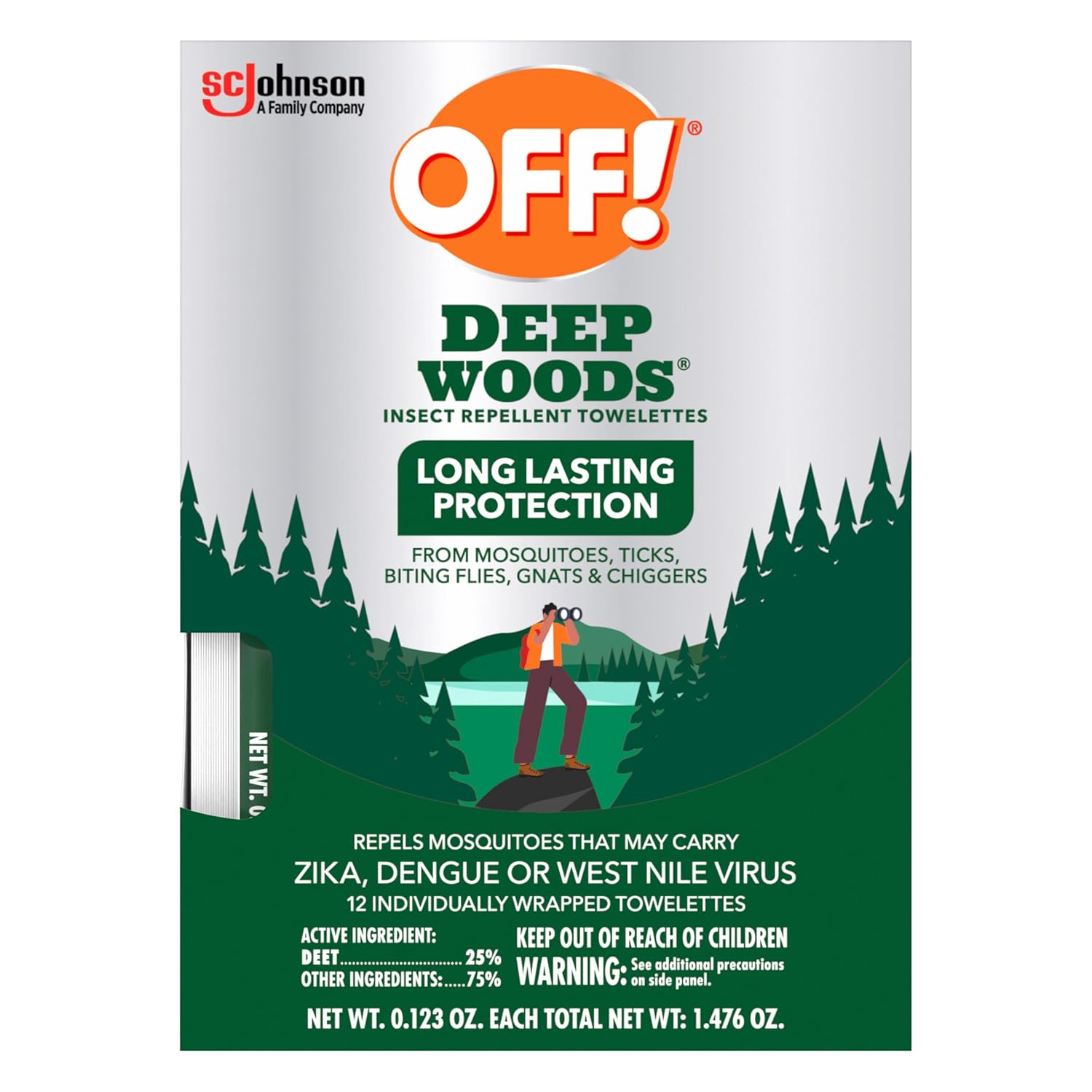 Off Deep woods insect repellent towelettes with long lasting protection from mosquitos and more.