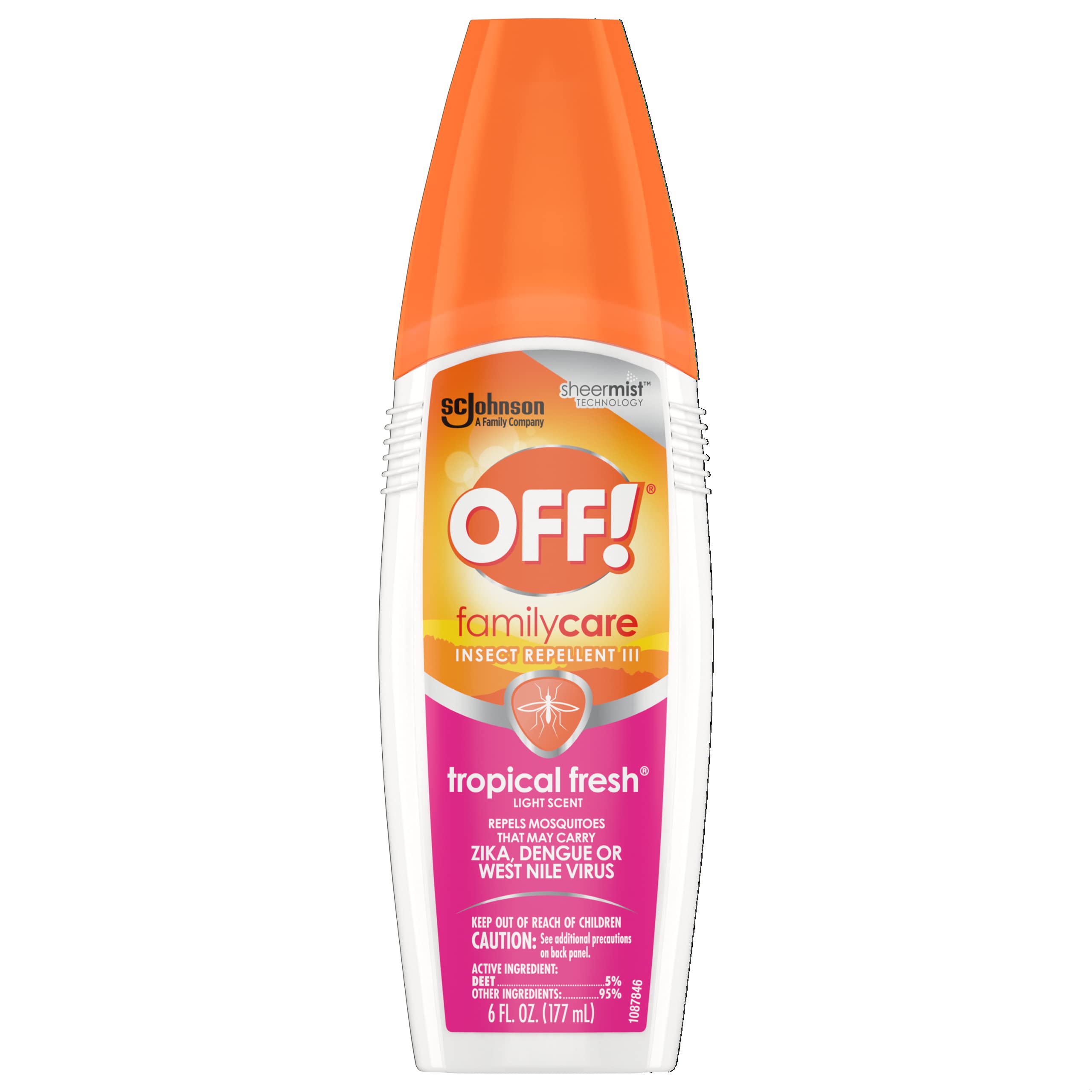 OFF! FamilyCare insect repellent bottle, tropical fresh to repel mosquitos and virus.