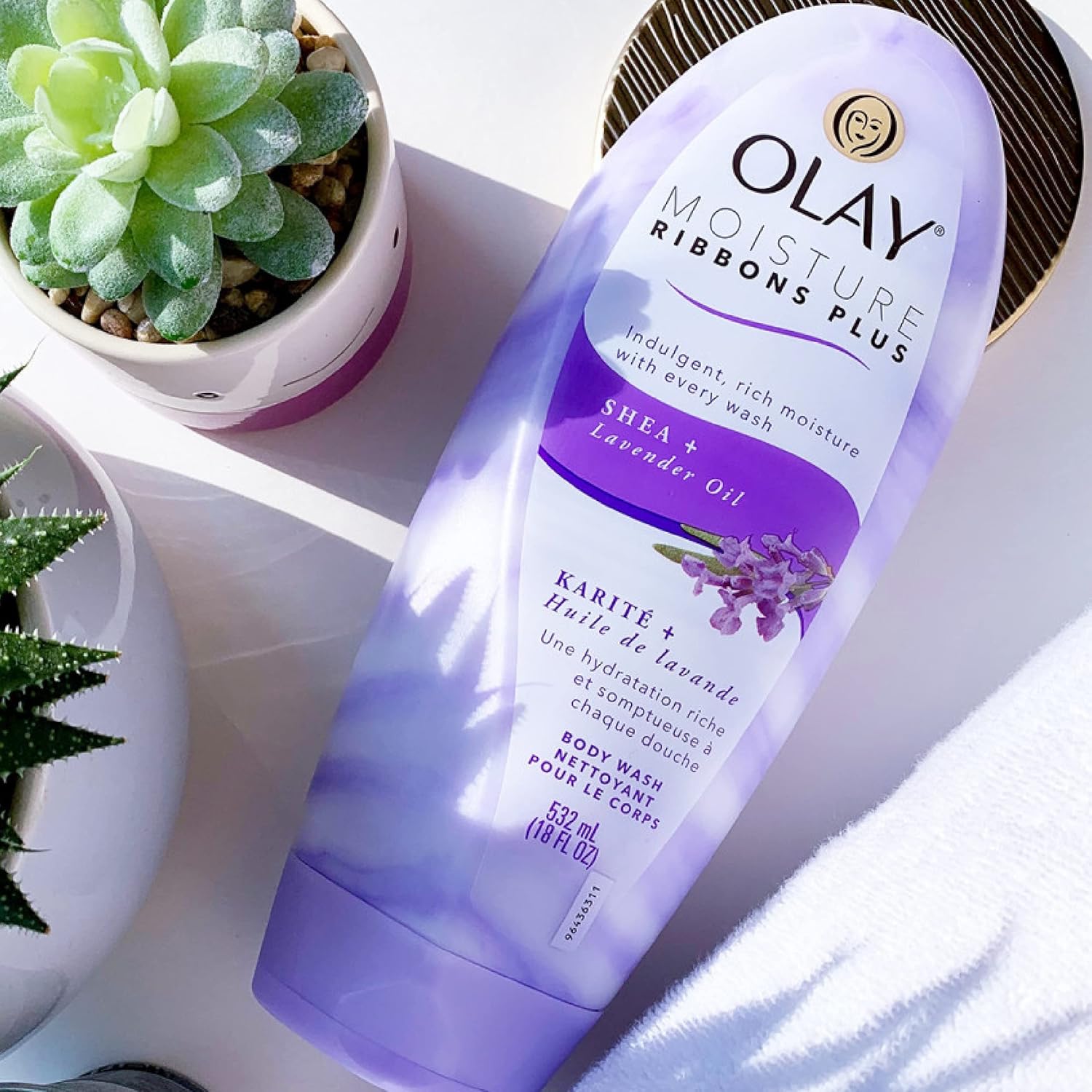 Olay moisture ribbons plus, indulgent, rich moisture with every wash, body wash with shea butter and lavender oil.