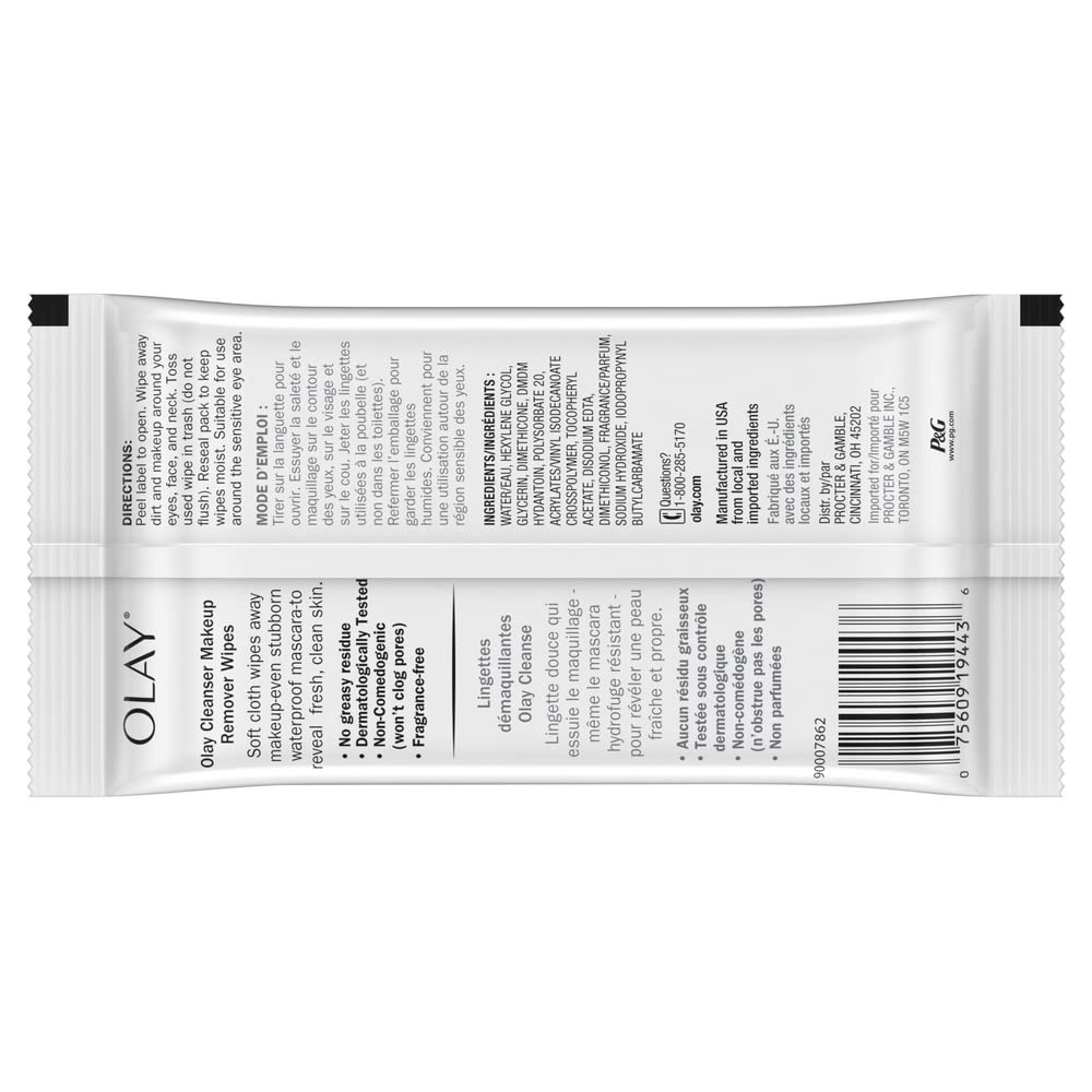 Back packaging of Olay makeup remover wet cloths, featuring directions, ingredients and information.