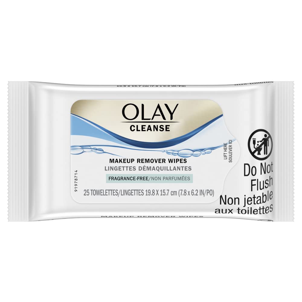 Packaging of Olay Cleanse makeup remover wipes with 25 towelettes - fragrance free