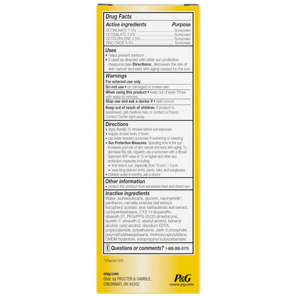 Packaging for Olay complete daily moisturizer with drug faces, uses and warnings