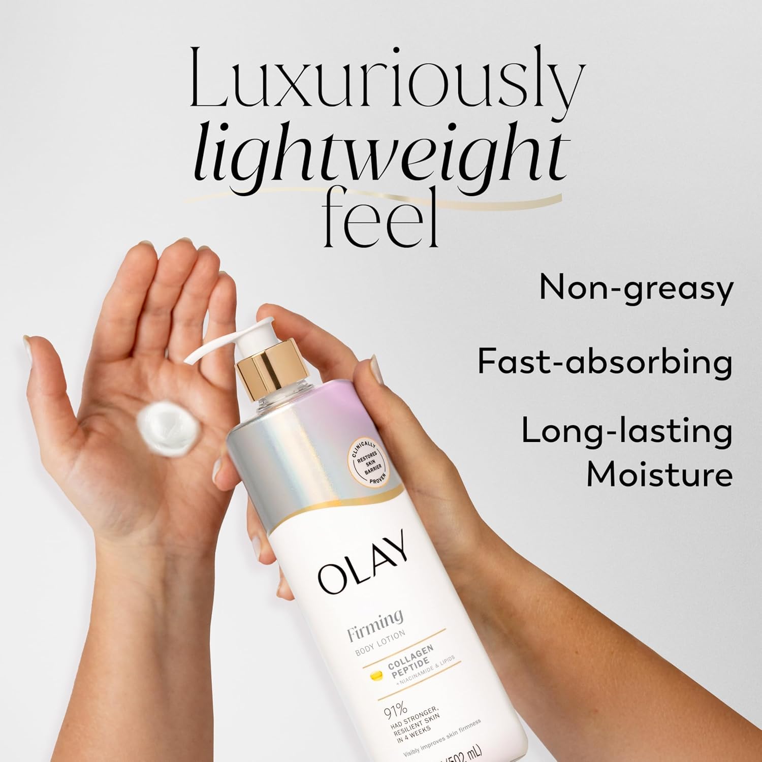 Olay firming body lotion bottle with a luxuriously lightweight feel for non-greasy, fast absorbing and long lasting moisturizer.
