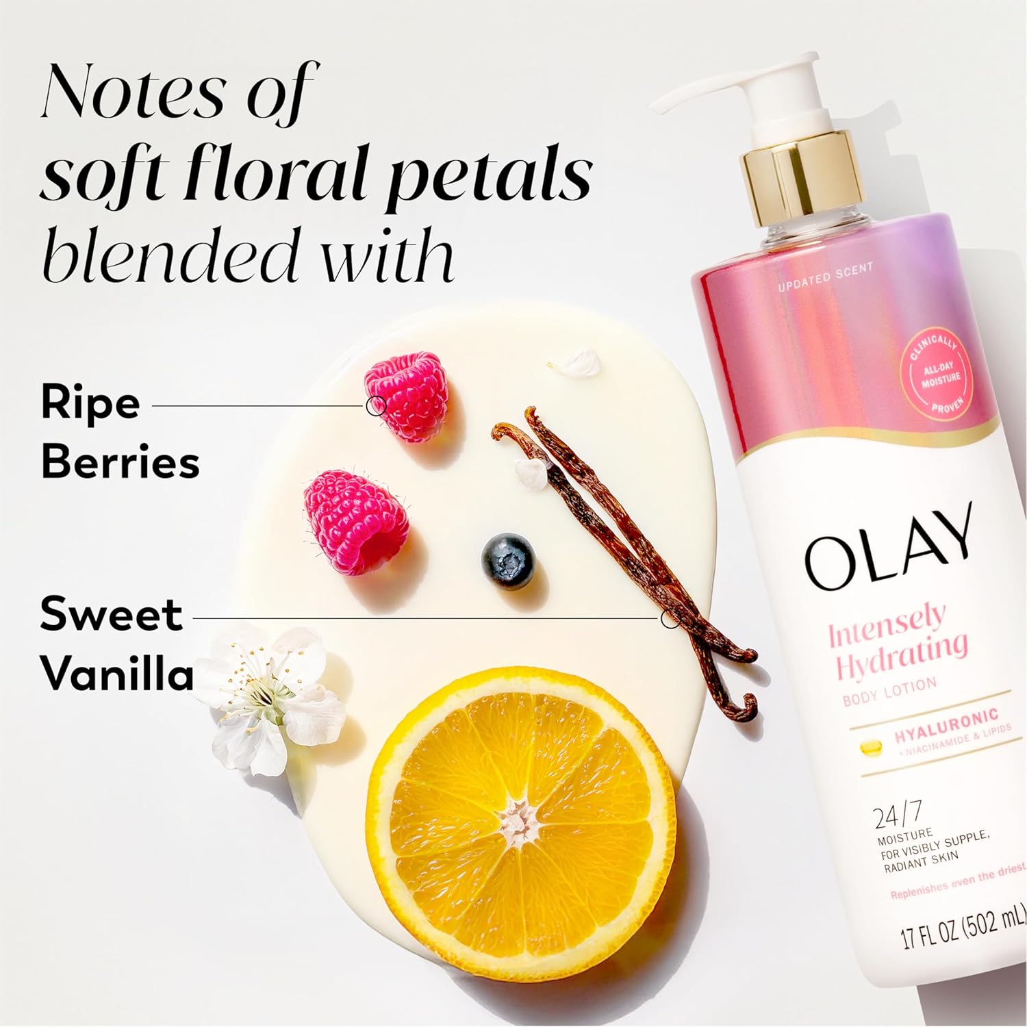 Olay intensely hydrating body lotion with notes of soft floral petals blended with ripe berries and sweet vanilla