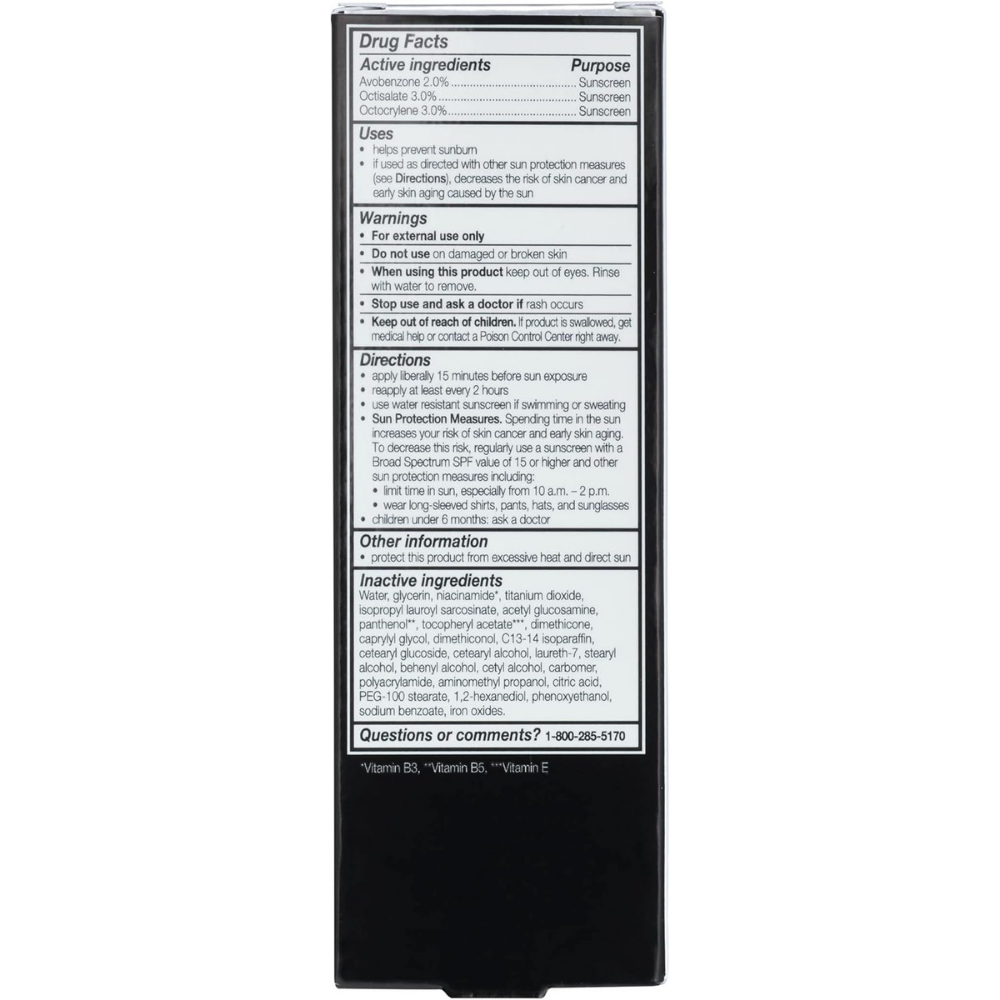 Back packaging of Olay total effects 7-in-1 CC cream with drug facts, uses warnings and more.