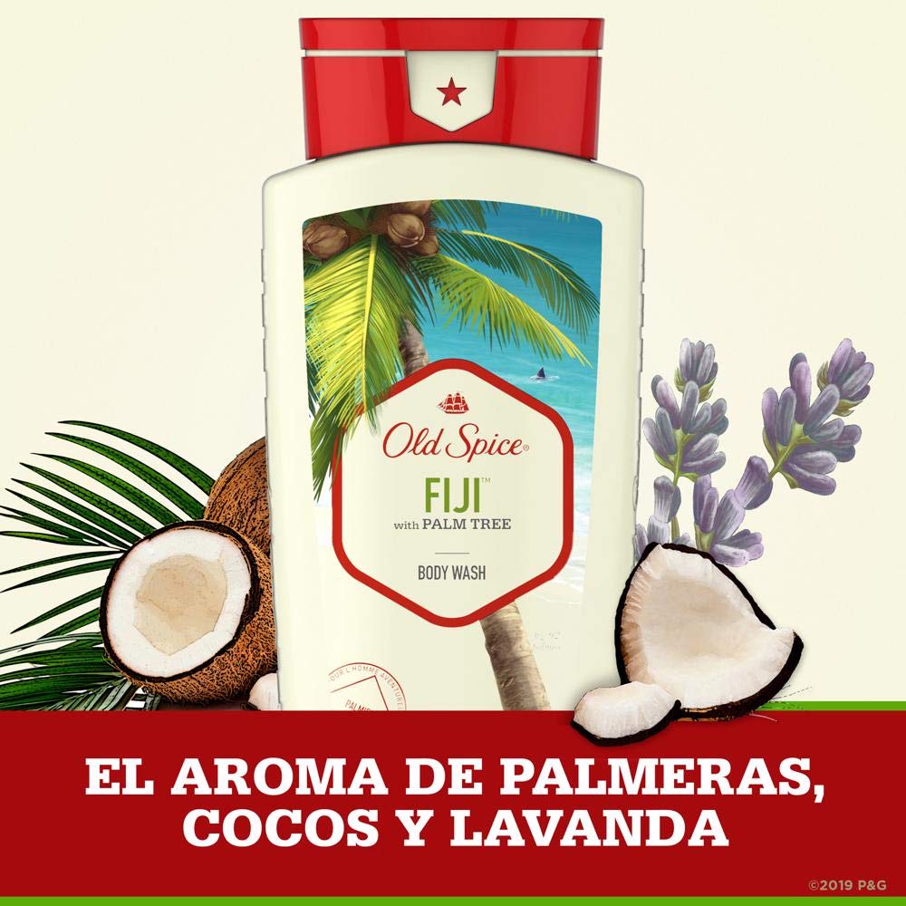 Old Spice Fiji with palm tree body wash bottle with coconut, palm leaves, and lavender