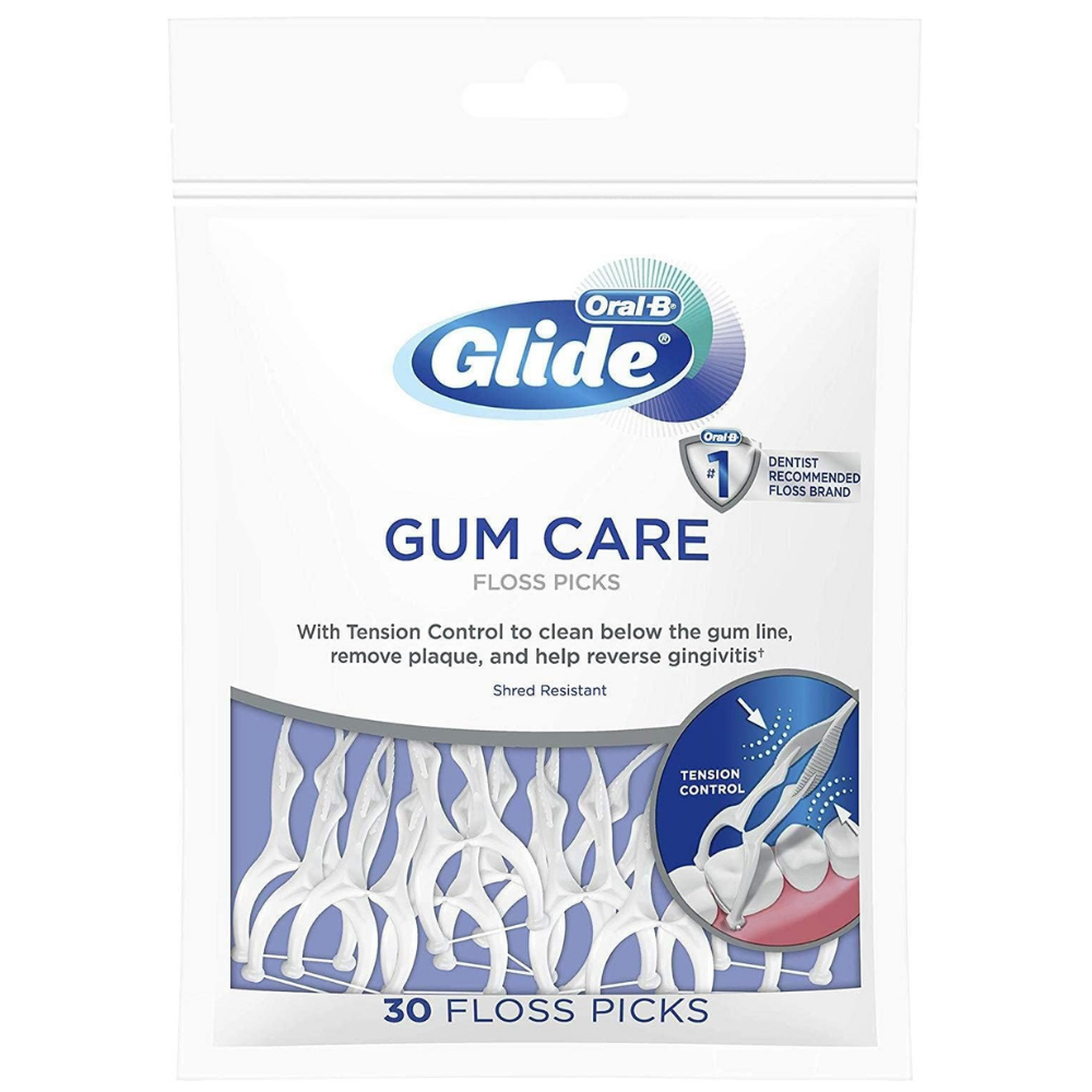 Pack of 30 Oral-B Glide Gum Care floss picks with tension control to clean below the gum line.