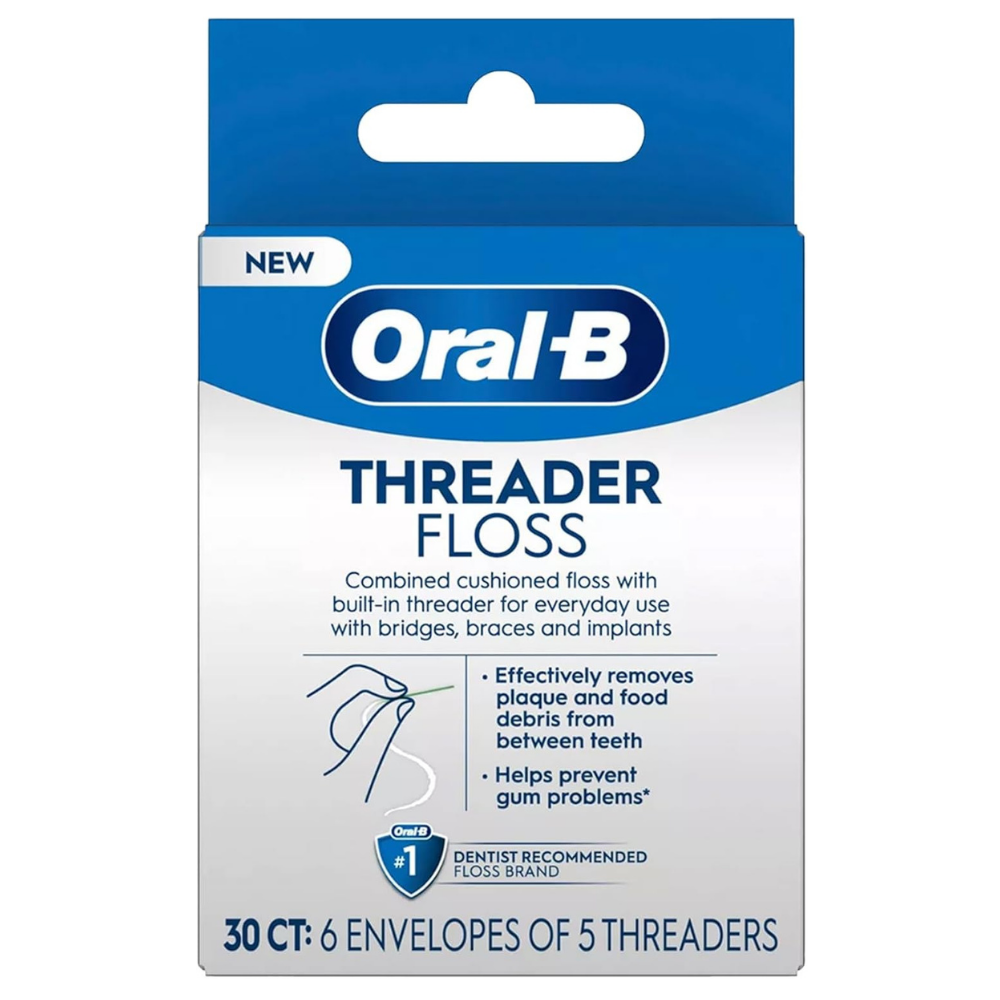 Box of Oral-B threader floss - cushioned floss to remove plaques and food debris and prevent gum problems