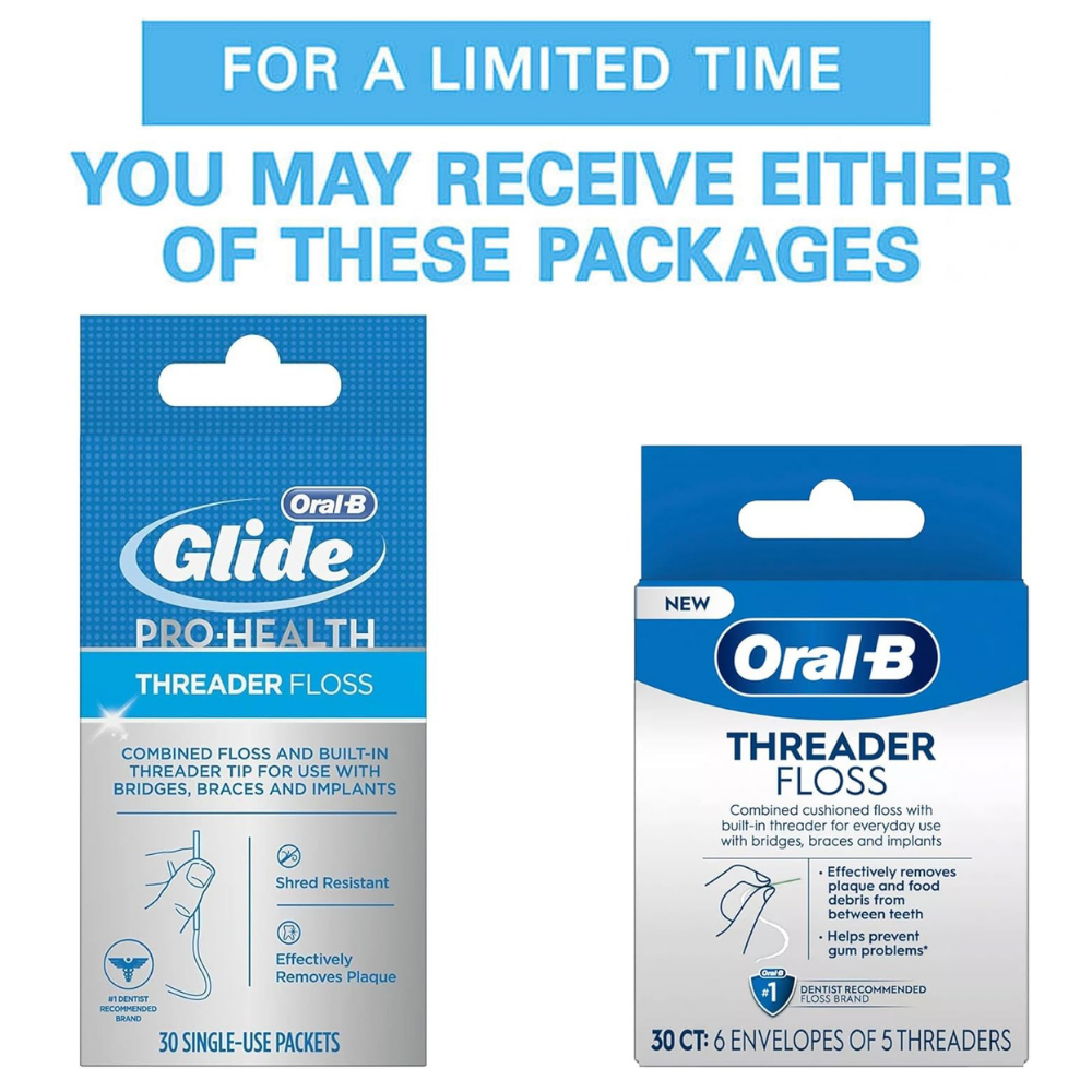 New packaging alert for Oral-B Glide pro-health threader floss (30 count per pack)