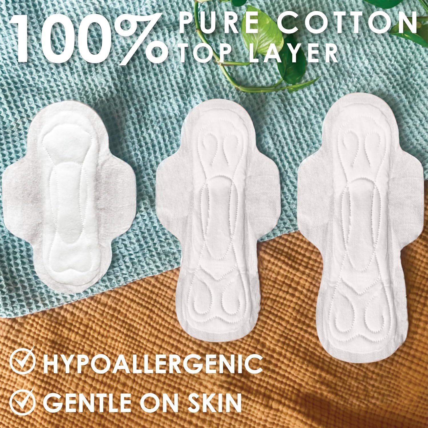 100% pure cotton top layer period-pads. Hypoallergenic menstrual pads are gentle on skin