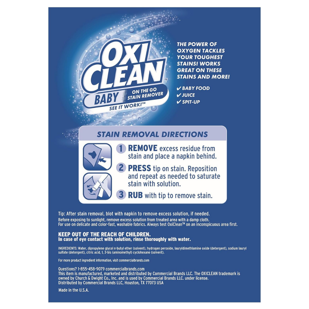 Directions & information for OxiClean baby stain remover
