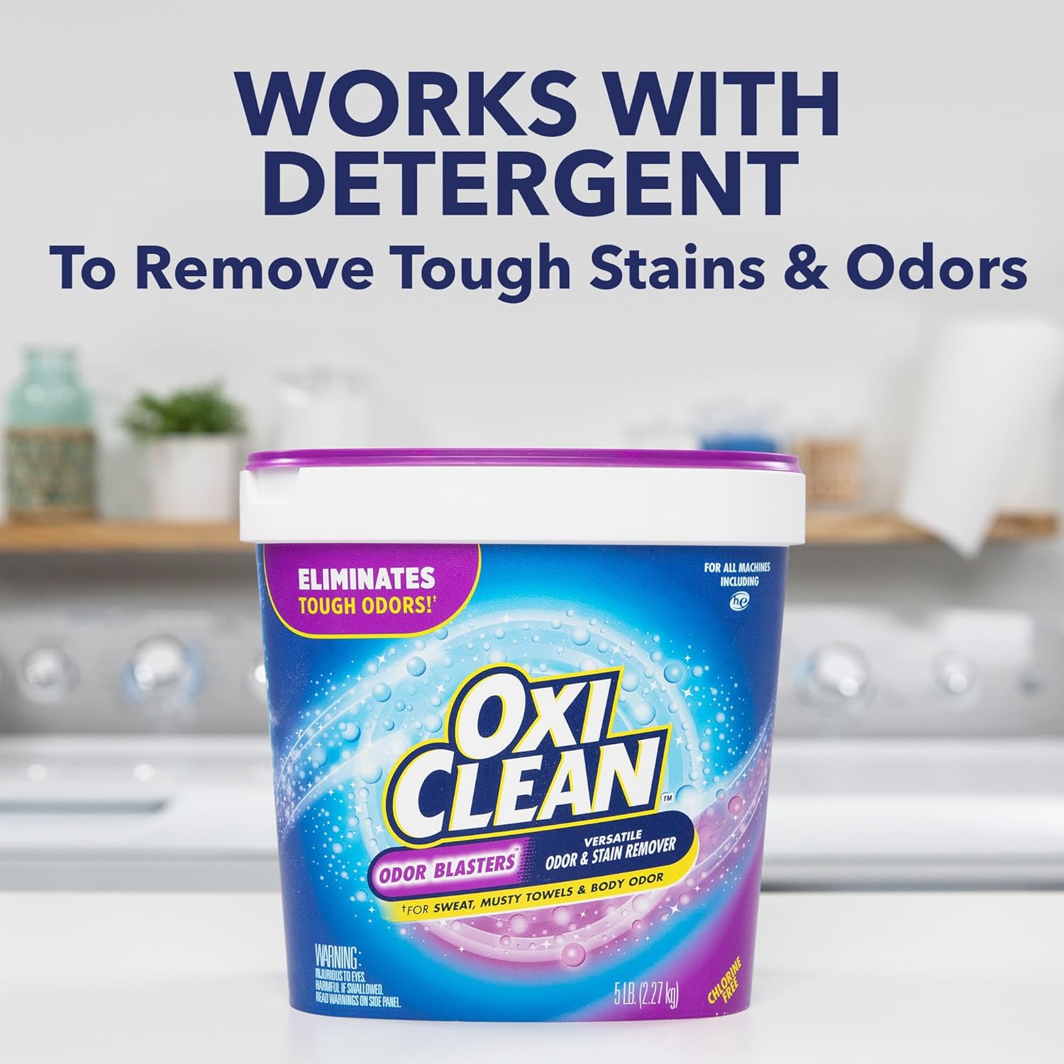 Box of OxiClean odor blasters works with detergent to remove tough stains & odors
