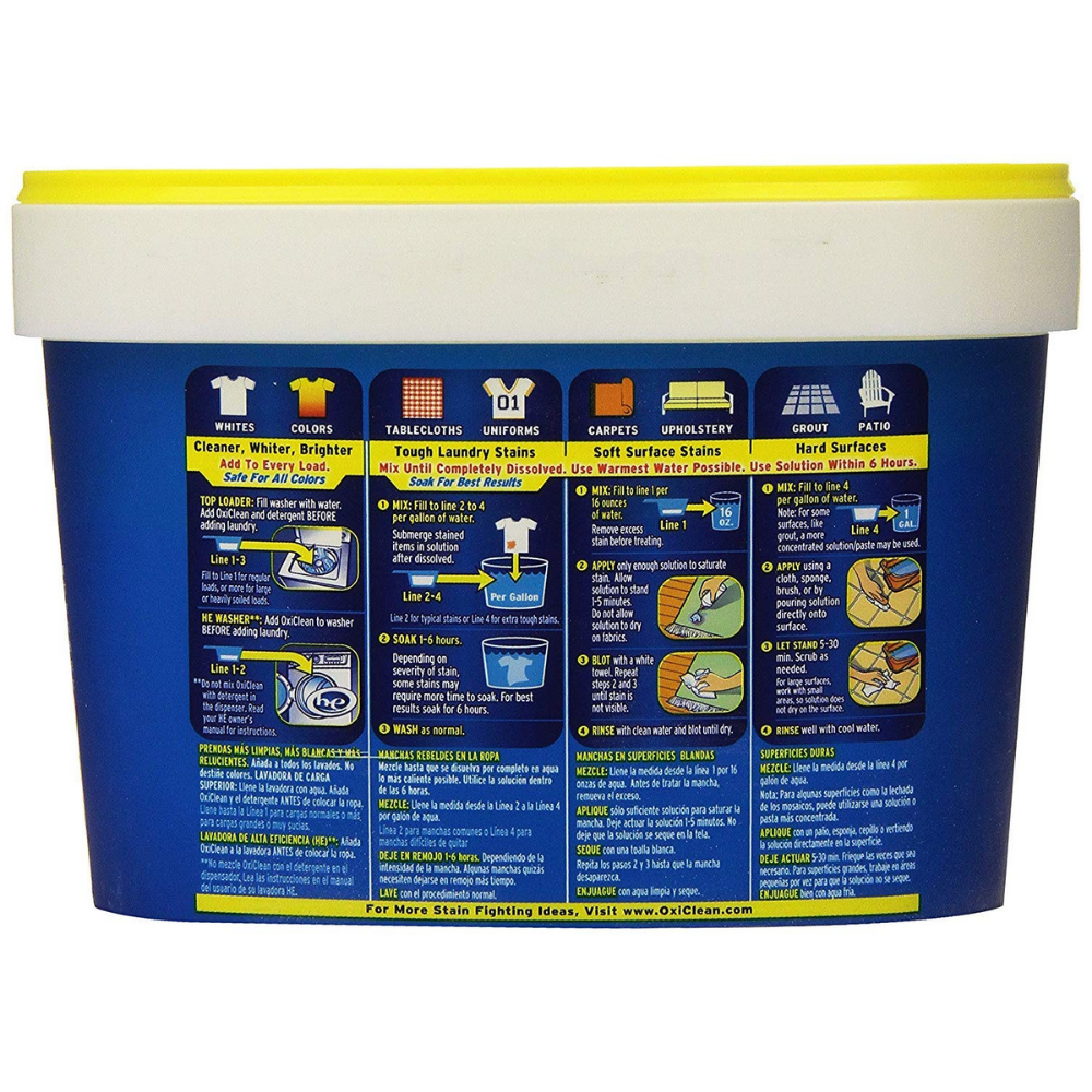 Back of tub of Oxiclean versatile stain remover powder with instructions and direction for laundry stains, surface stains and clothes.