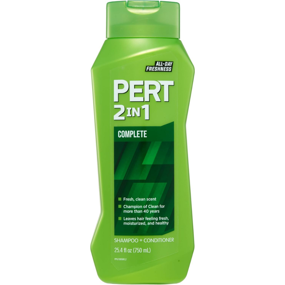 Pert 2in1 complete shampoo + conditioner complete with fresh, clean scent for healthy, fresh and moisturized hair.
