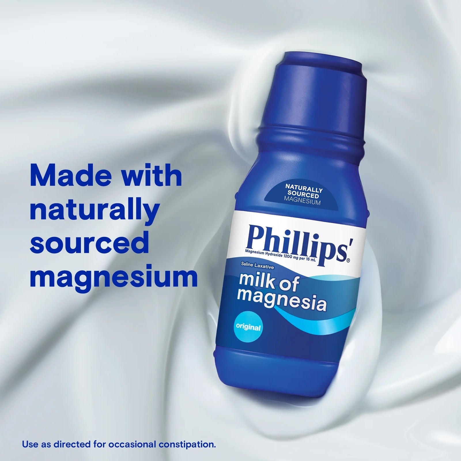 Phillips' Milk of Magnesia is made with naturally sourced magnesium and is a saline laxative for natural constipation relief.