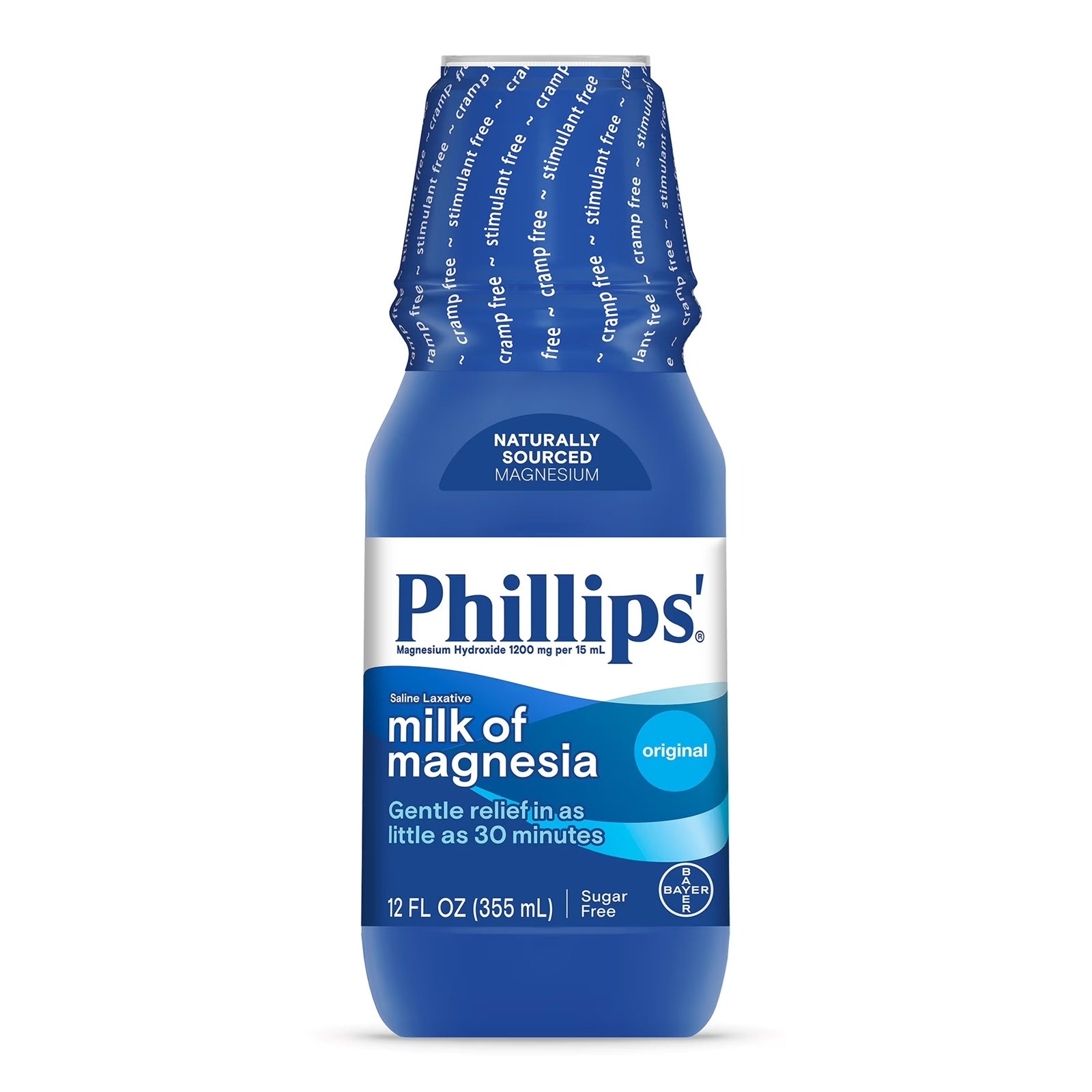 Phillips' milk of magnesia bottle of saline laxative for gentle relief fast - sugar free.