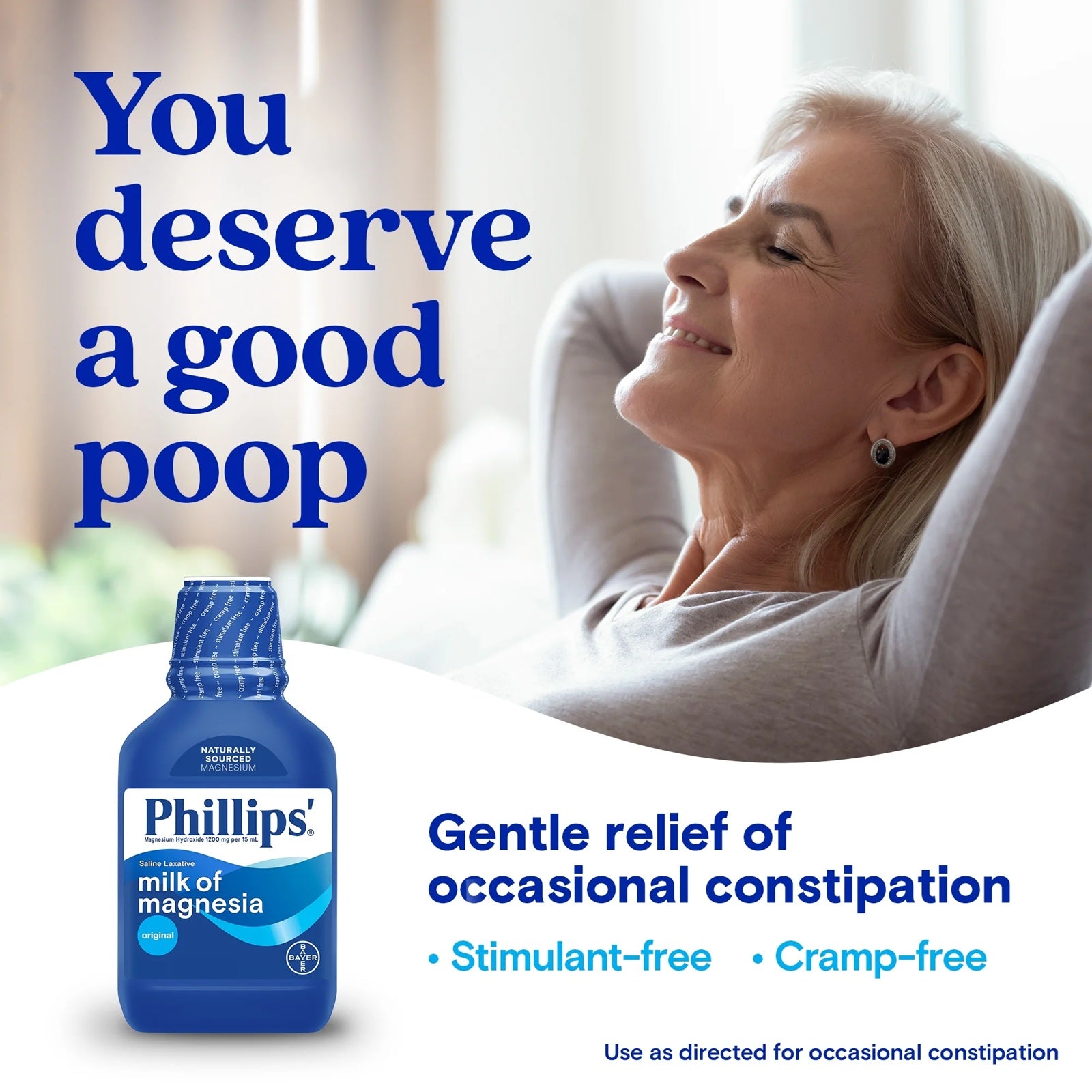 Phillips' milk of magnesia bottle (with a woman relaxing in the background) for gentle cramp-free constipation relief.
