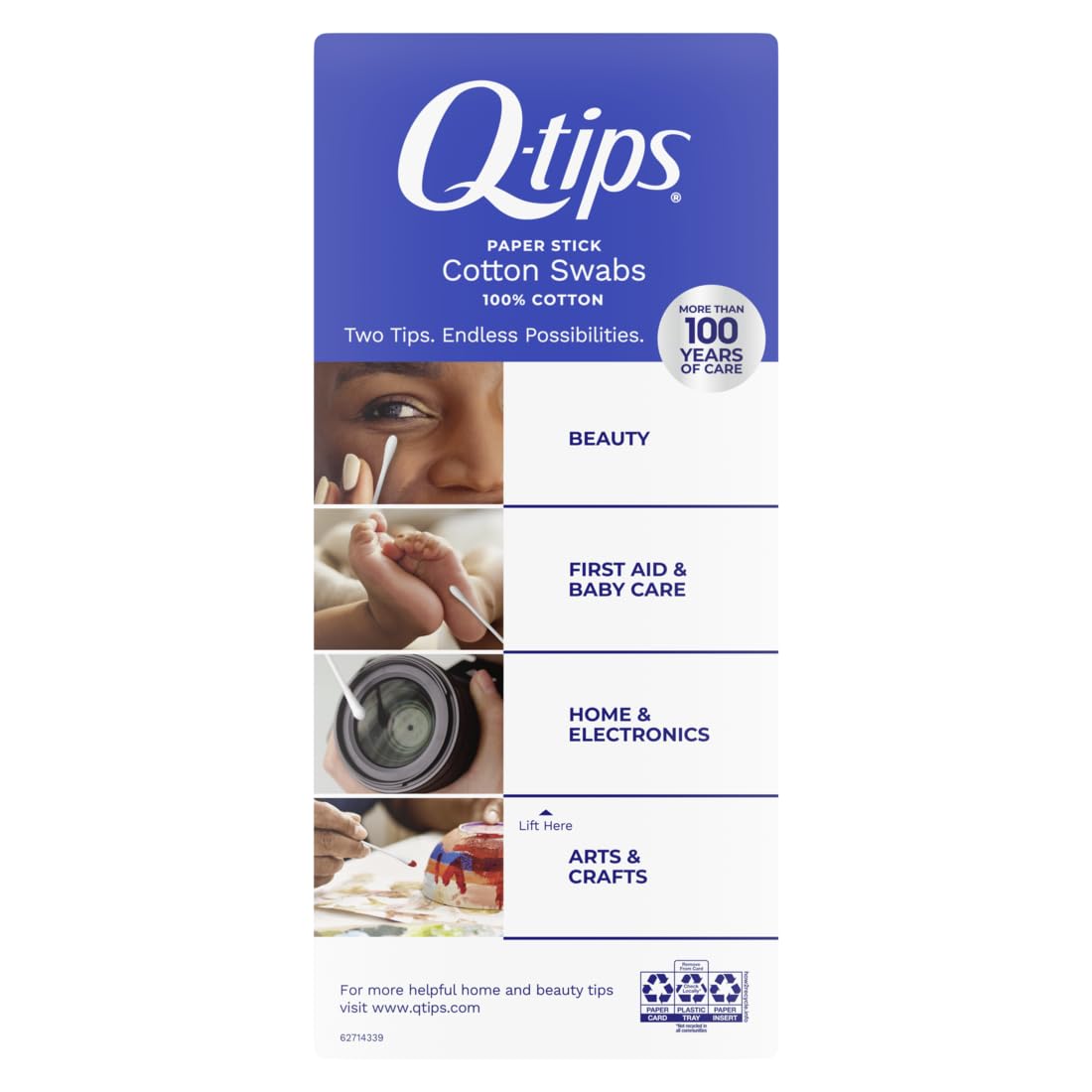 Q-tips cotton swabs are made with 100% cotton - two tips with endless possibilities.