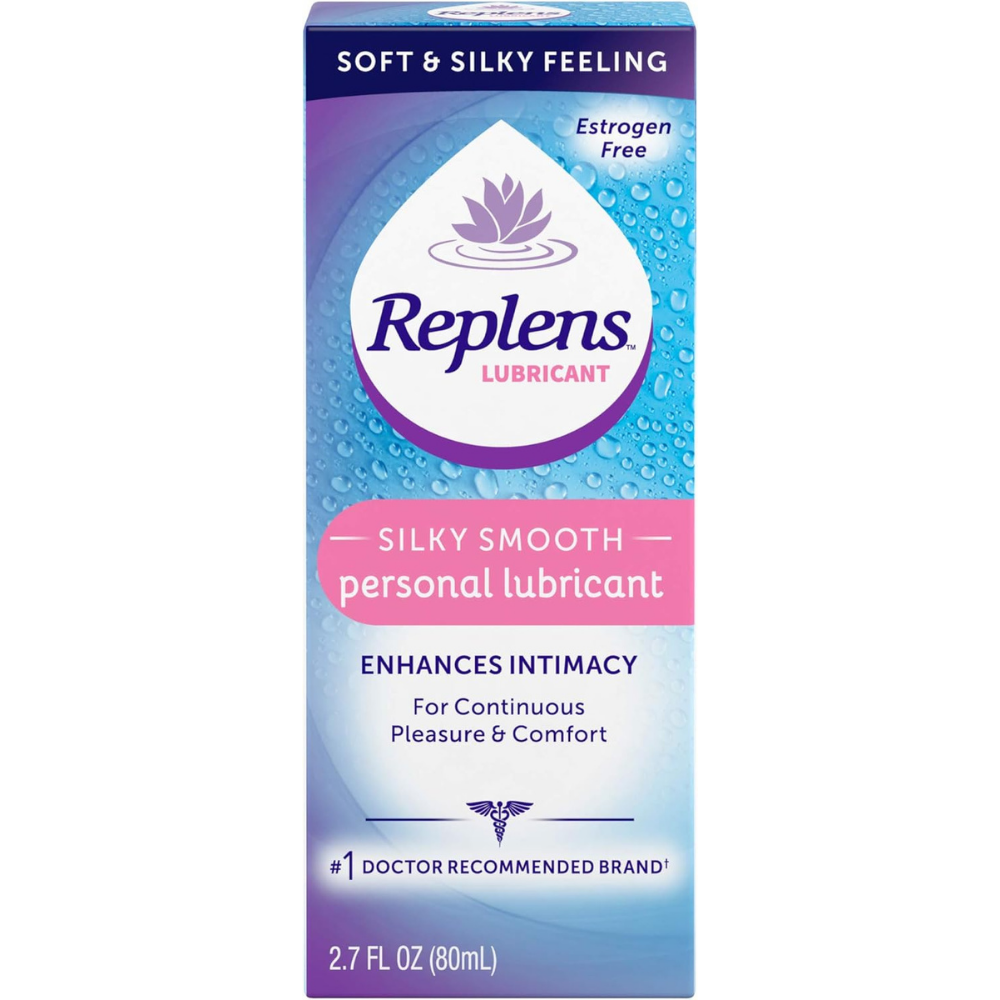 Replens silky smooth personal lubricant, estrogen free lotion for enhanced intimacy.