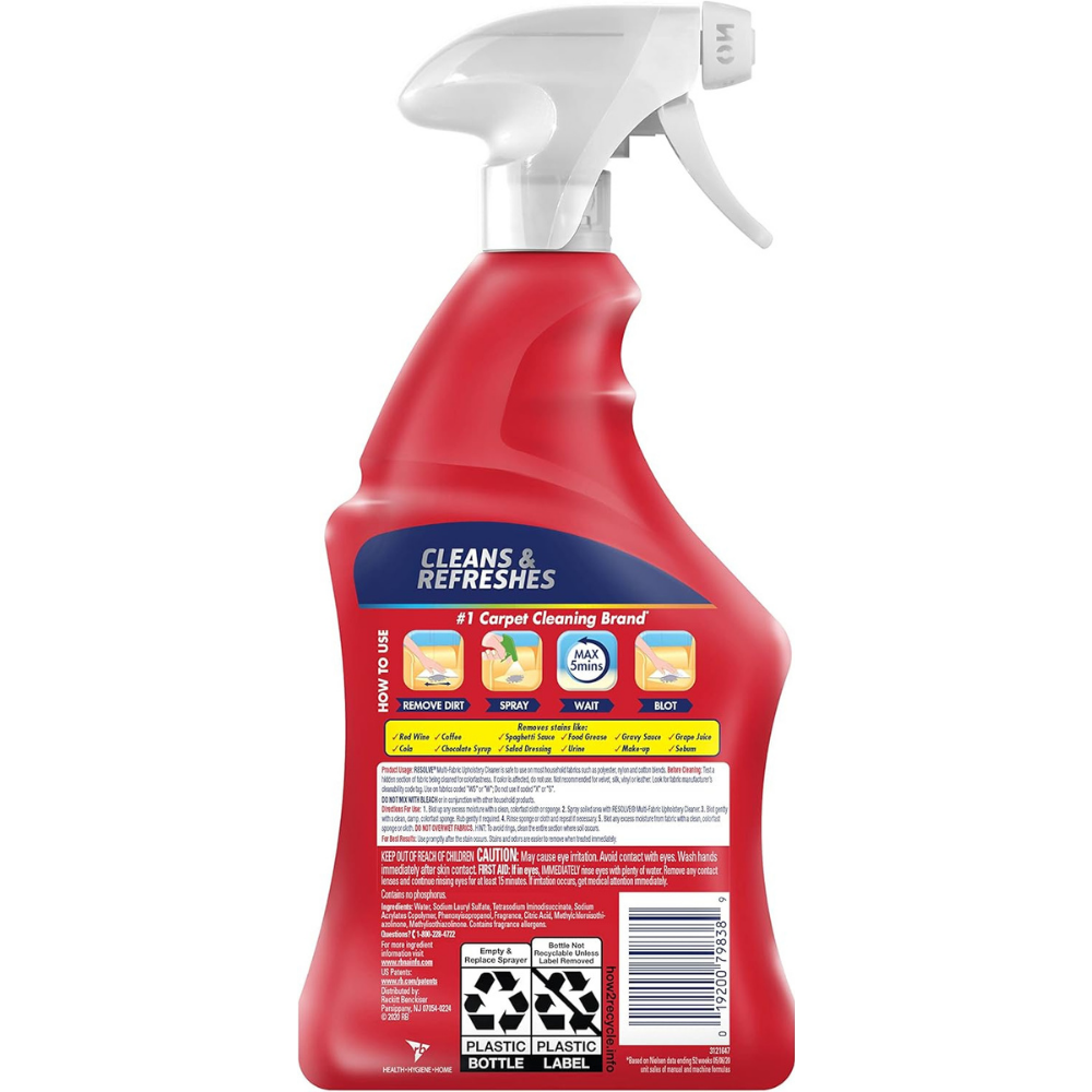 Back of a Resolve upholstery & multi-fabric spray - removes dirt, cleans & refreshes.