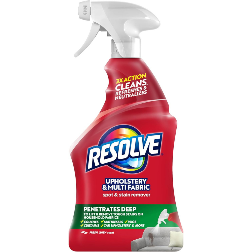 Resolve upholstery & multi-fabric spout and stain remover, fabric cleaner removes tough staines with fresh linen scent.