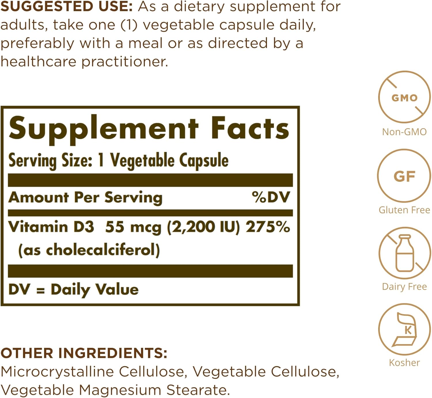Solgar Vitamin D3 (Cholecalciferol) 2200 IU (55 µg) | 50 Vegetable Capsules