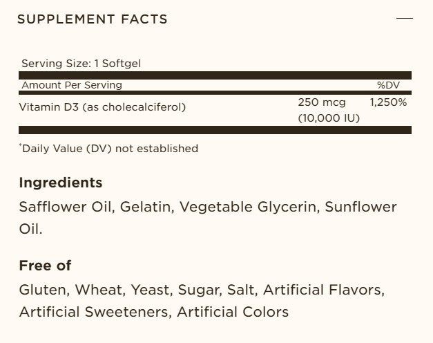 Solgar Vitamin D3 250 MCG 10,000 IU | 120 Softgels
