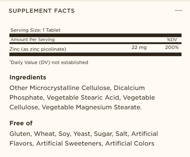 Solgar Zinc Picolinate 22 MG | 100 Tablets