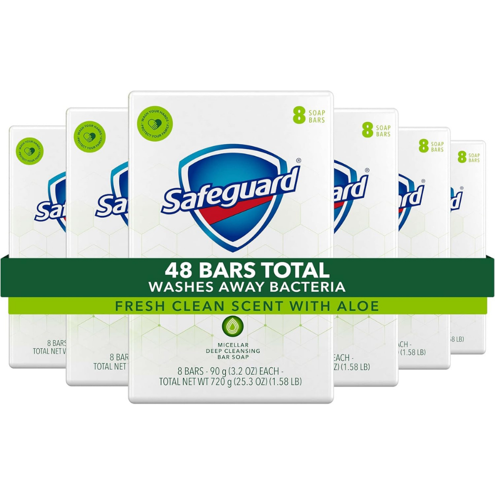 Packaging of Safeguard antibacterial soap bars with aloe vera scent - total of 48 bars.
