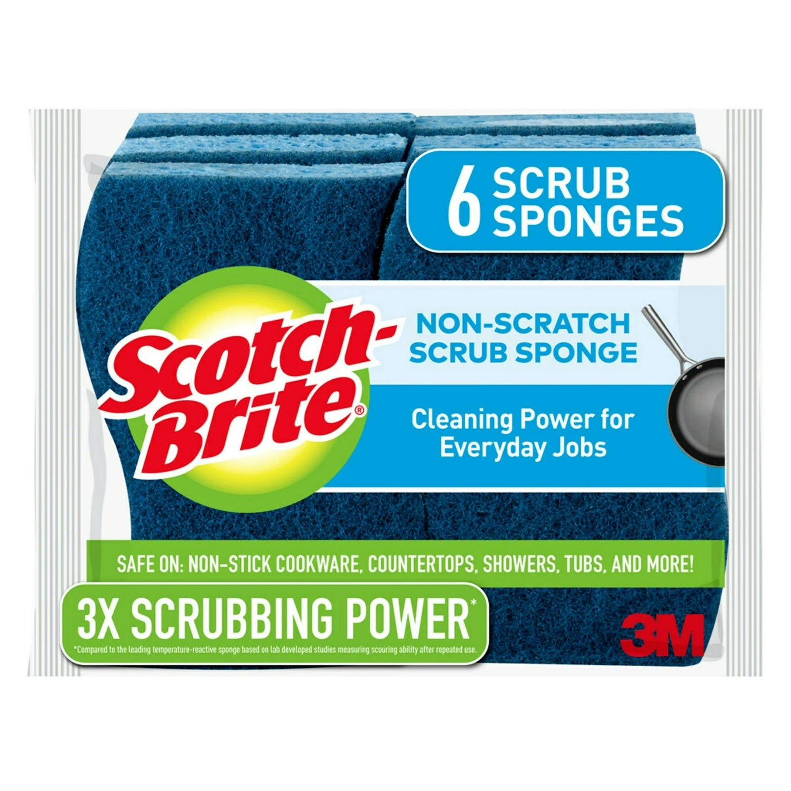 Pack of 6 Scotch-Brite scrub sponges with 3x scrubbing power for cleaning power on everyday jobs.