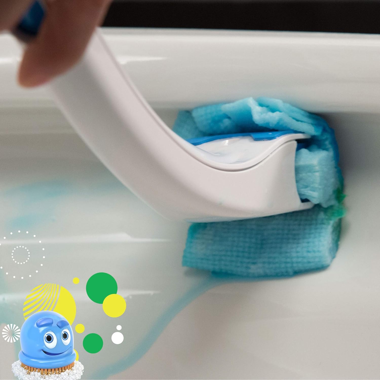 Using the scrubbing bubbles toilet brush and holder cleaning system on the toilet bowl