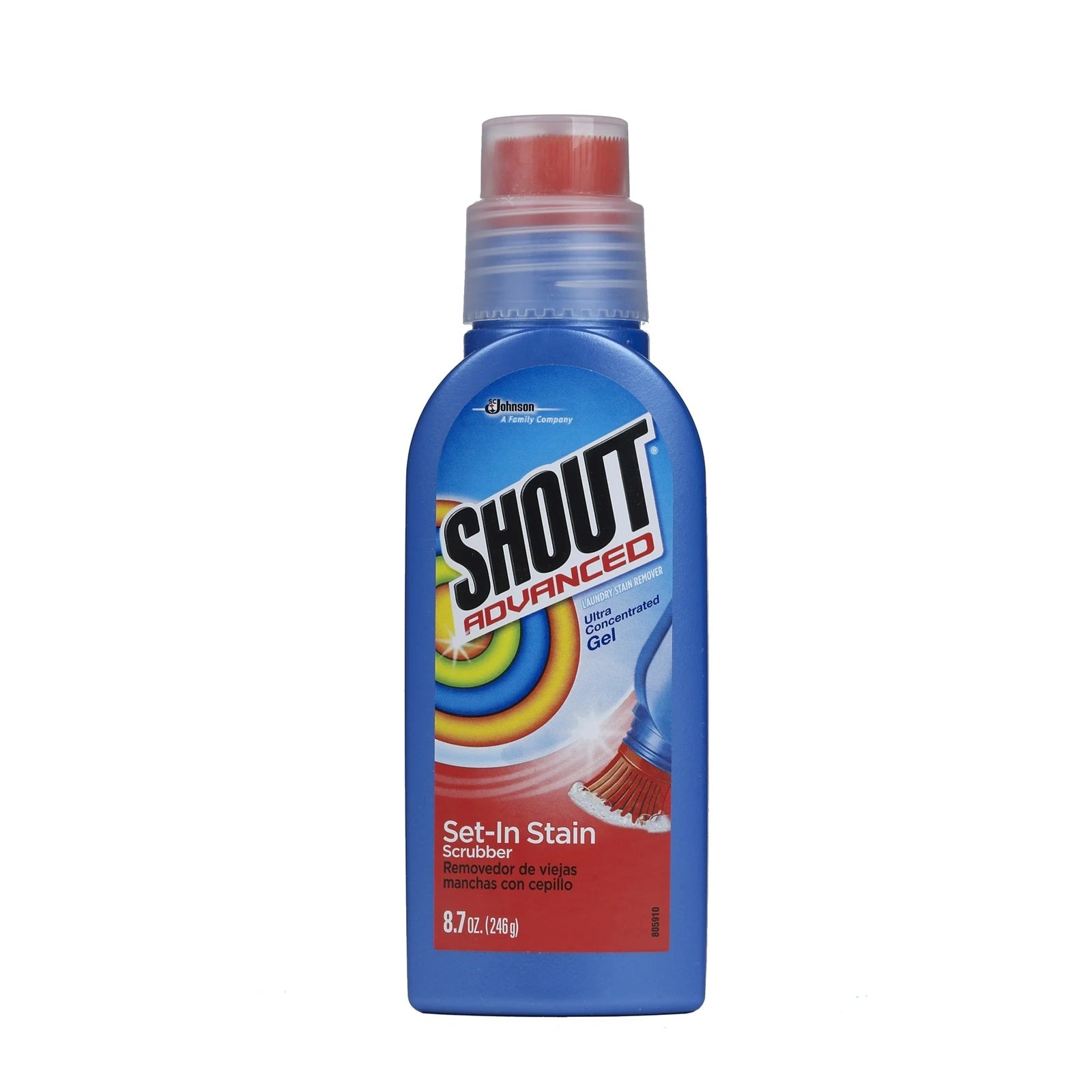 Shout advanced laundry stain remover is an ultra concentrated gel with a set-in stain scrubber